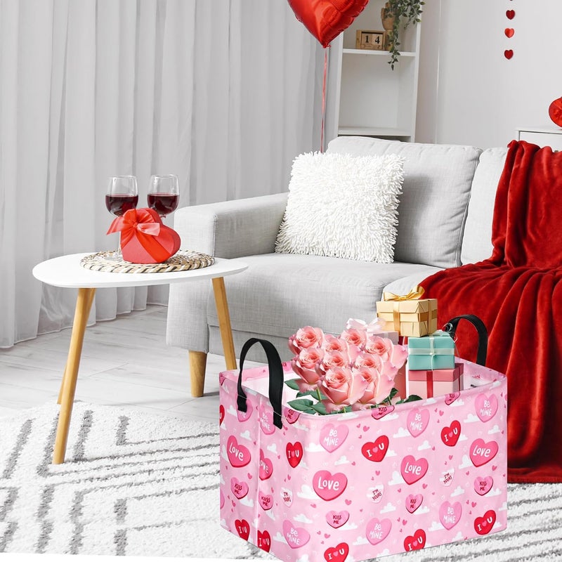 FUULOXE Rectangular Valentines Basket Storage Bin for Shelves Girls Gifts Baskets Foldable Box with Handles for Home Office Car Dormroom Valentine's Day Party Supplies - Image 2